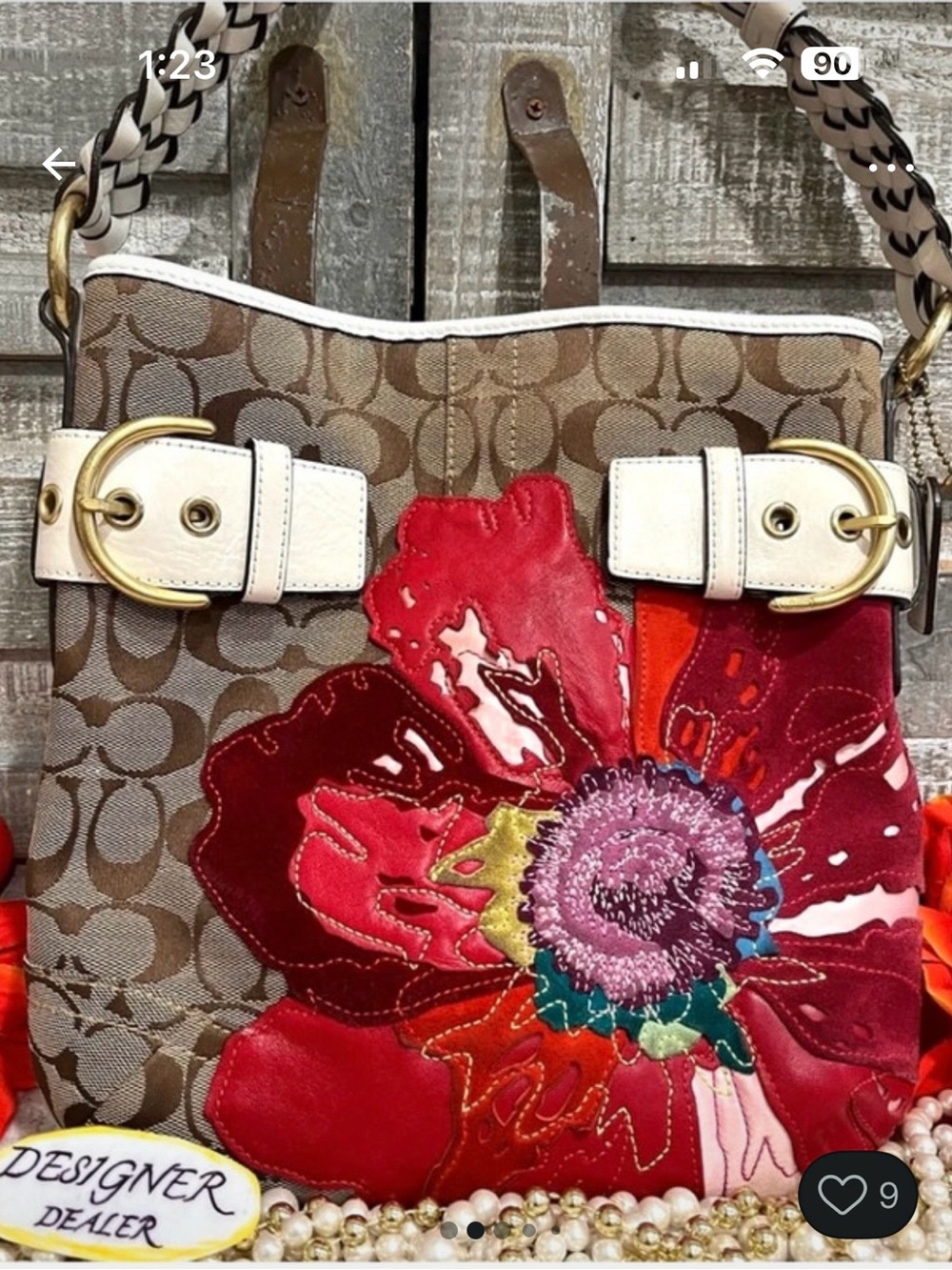 Coach Signature Canvas Shoulder Bag with Red Floral Applique limited edition - Picture 3 of 12